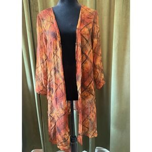 Robbie Bee Woman 100% Silk Sheer Plaid Duster Cardigan Orange Brown 16WP